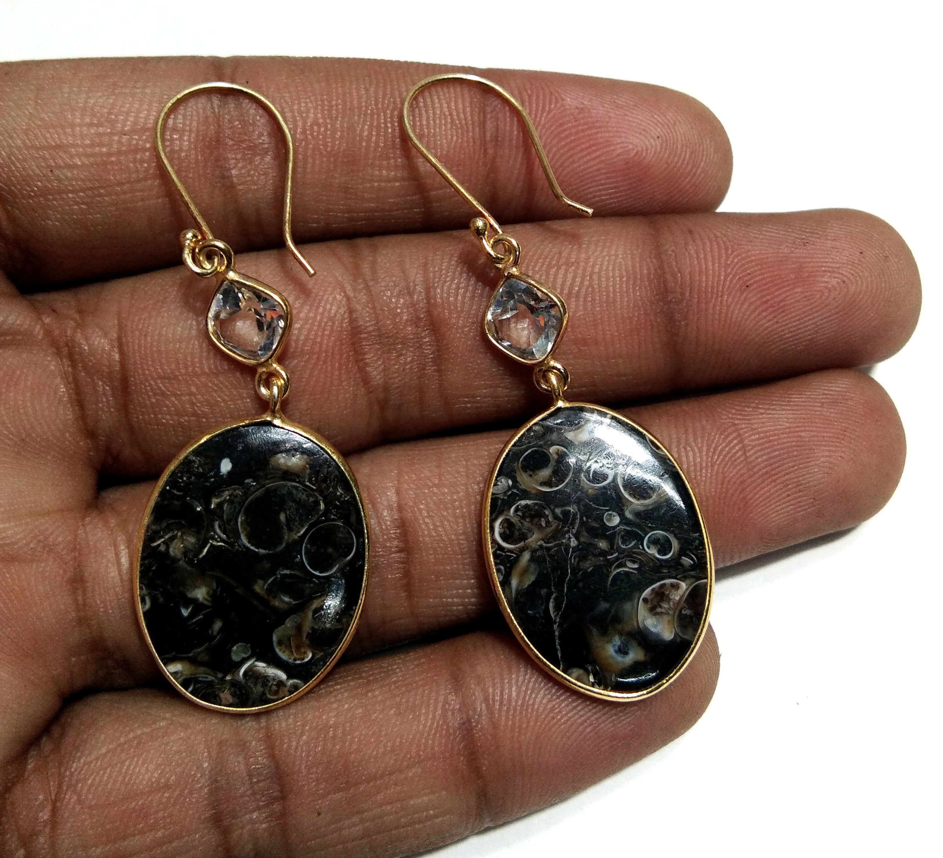 White Topaz & Turtella Jasper Earrings ! 925 Starling Silver With Gold Plated And Natural Gemstone Earrings Topaz Faceted,Turritella Fossil.